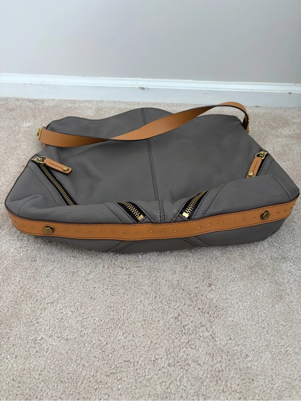 Taupe Leather Shoulder Hobo Bag with Tan Strap